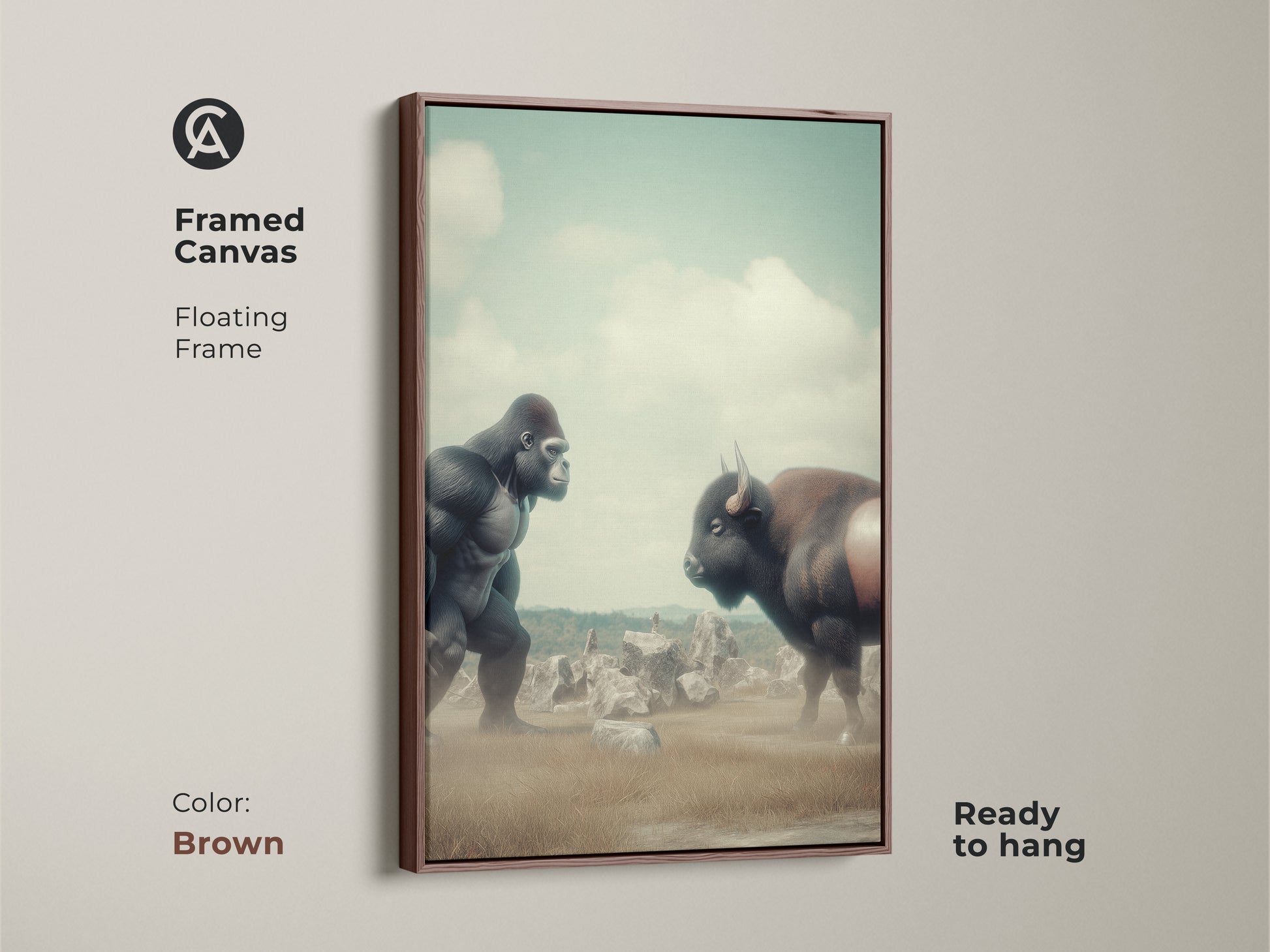 Framed canvas showcasing a surreal Gorilla vs Bison artwork. The floating frame is brown. This digital art print has muted greens and earthy tones. Ready to hang for adding character to any room. Perfect fantasy nature wall art.