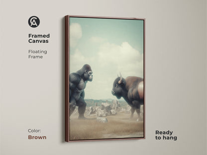 Framed canvas showcasing a surreal Gorilla vs Bison artwork. The floating frame is brown. This digital art print has muted greens and earthy tones. Ready to hang for adding character to any room. Perfect fantasy nature wall art.