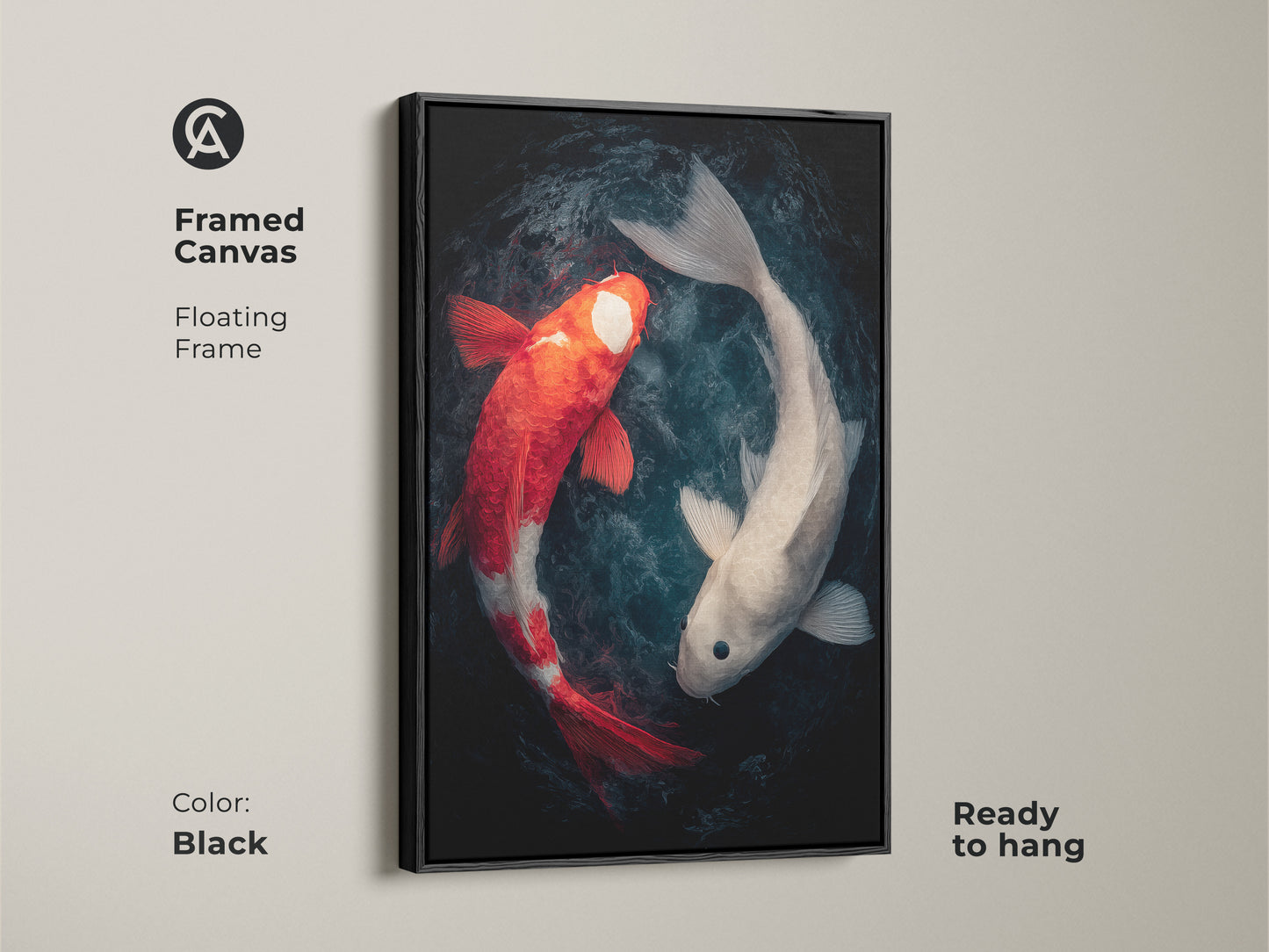 Framed canvas art showcases a pair of koi fish. A black floating frame surrounds the art. The red and white koi fish artwork is ready to hang as a featured piece.