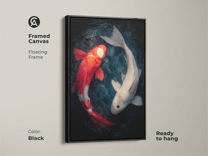 Framed canvas art showcases a pair of koi fish. A black floating frame surrounds the art. The red and white koi fish artwork is ready to hang as a featured piece.