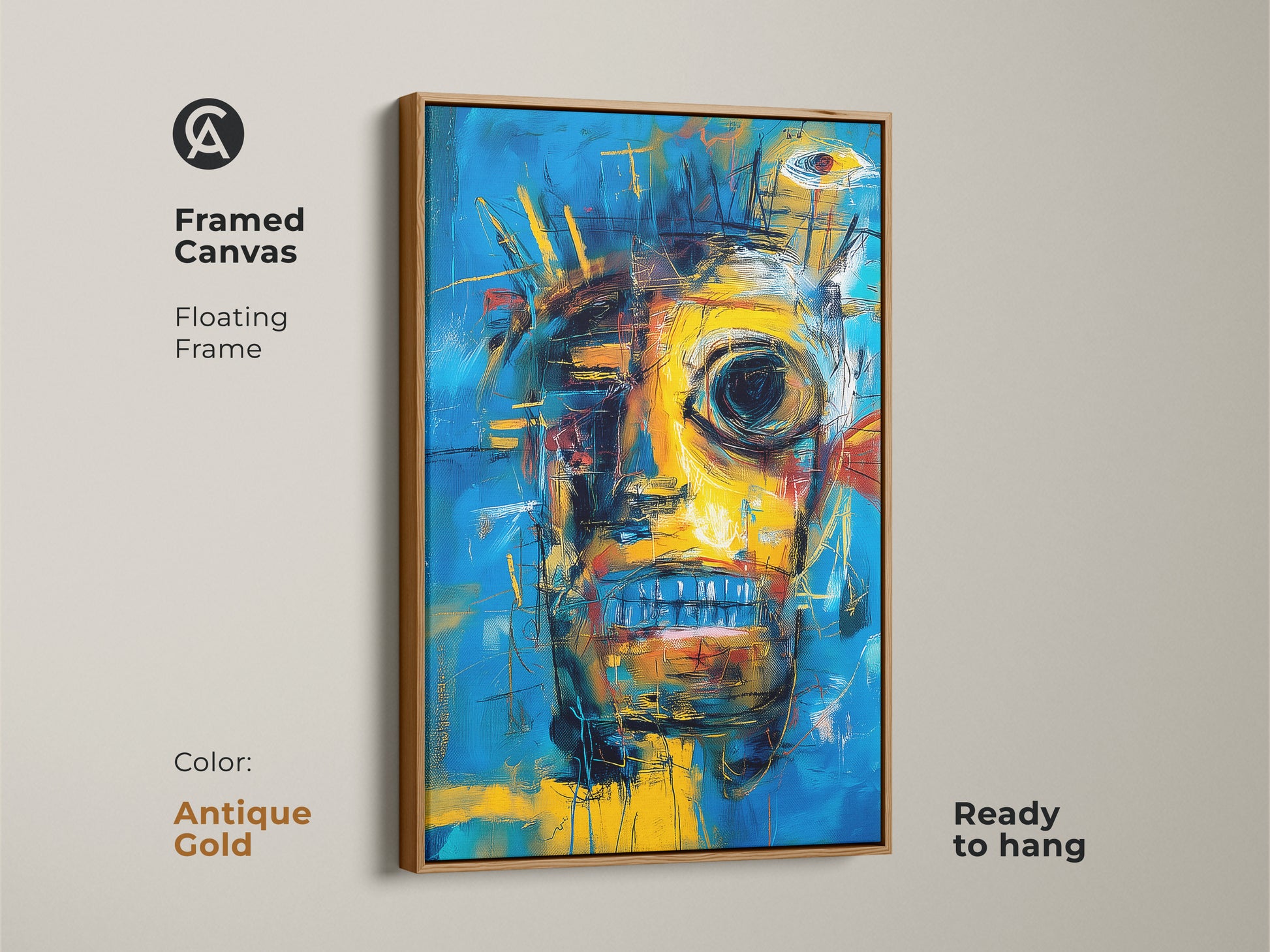 Framed canvas presenting a captivating abstract face artwork. The antique gold floating frame adds a touch of sophistication. This framed artwork arrives ready to hang great for art collectors. The art will enhance decor.