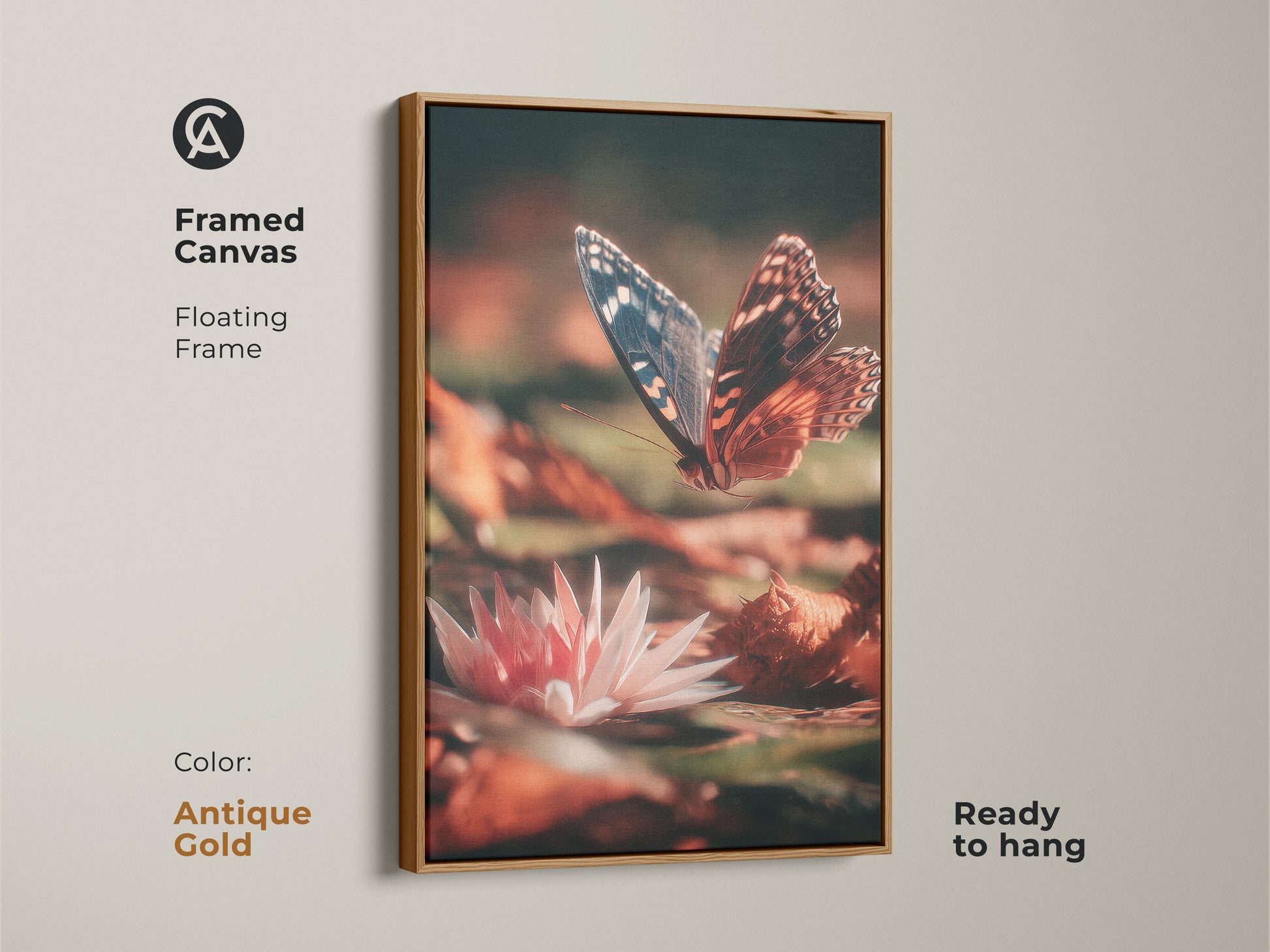 Antique gold framed canvas featuring butterfly and water lily art. This macro insect photography captures the beauty of nature. The botanical nature canvas wall art is ready to hang.