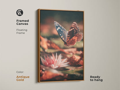 Antique gold framed canvas featuring butterfly and water lily art. This macro insect photography captures the beauty of nature. The botanical nature canvas wall art is ready to hang.