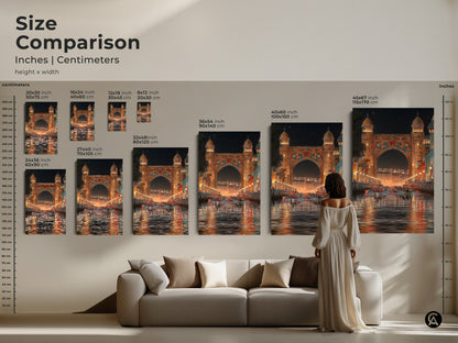 The size comparison shows Art Deco archway art scaling from inches to centimeters. See how this night cityscape with rowing boats and orange gold teal palette fits over a sofa. This artwork enhances any home as a unique travel gift. Its art deco style fits well in residential spaces.
