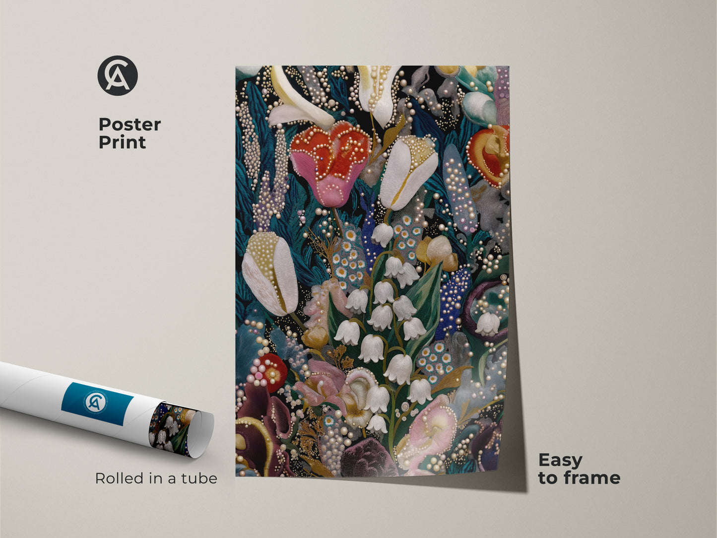 Poster Print of Lily of the Valley and Tulips floral artwork. This botanical embroidery art features deep green pink and teal colors. The rolled canvas is easy to frame. It's an ideal eclectic home decor piece for plant enthusiasts. Bring garden floral artwork to your space with this unique print.