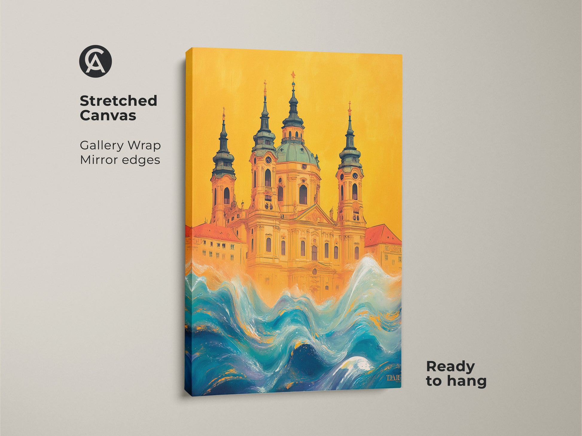 Stretched canvas print of a surreal church artwork. This gallery wrap features mirror edges. The yellow and blue waves canvas presents an eclectic building art piece. Ready to hang this offers a unique travel gift. Perfect for eclectic home decor bring wanderlust to any wall.