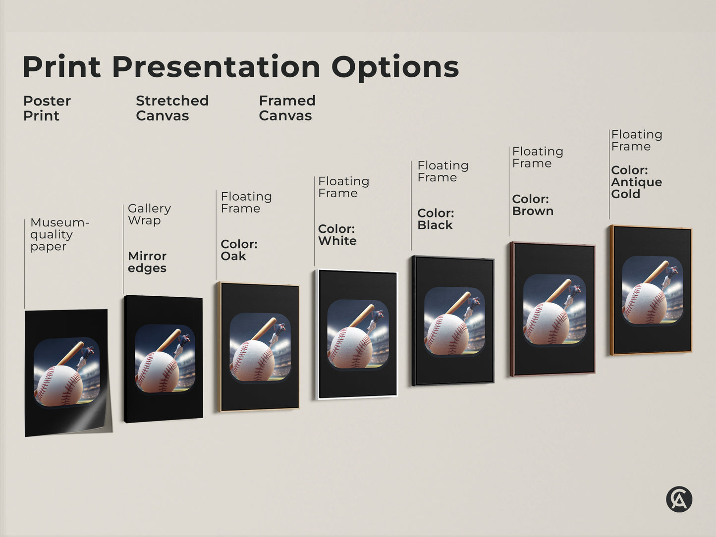 Print presentation options for baseball player art. See poster print stretched canvas and framed canvas options. Museum-quality paper with gallery wrap and mirror edges. Floating frames in oak white black brown and antique gold are available. Find the perfect style.