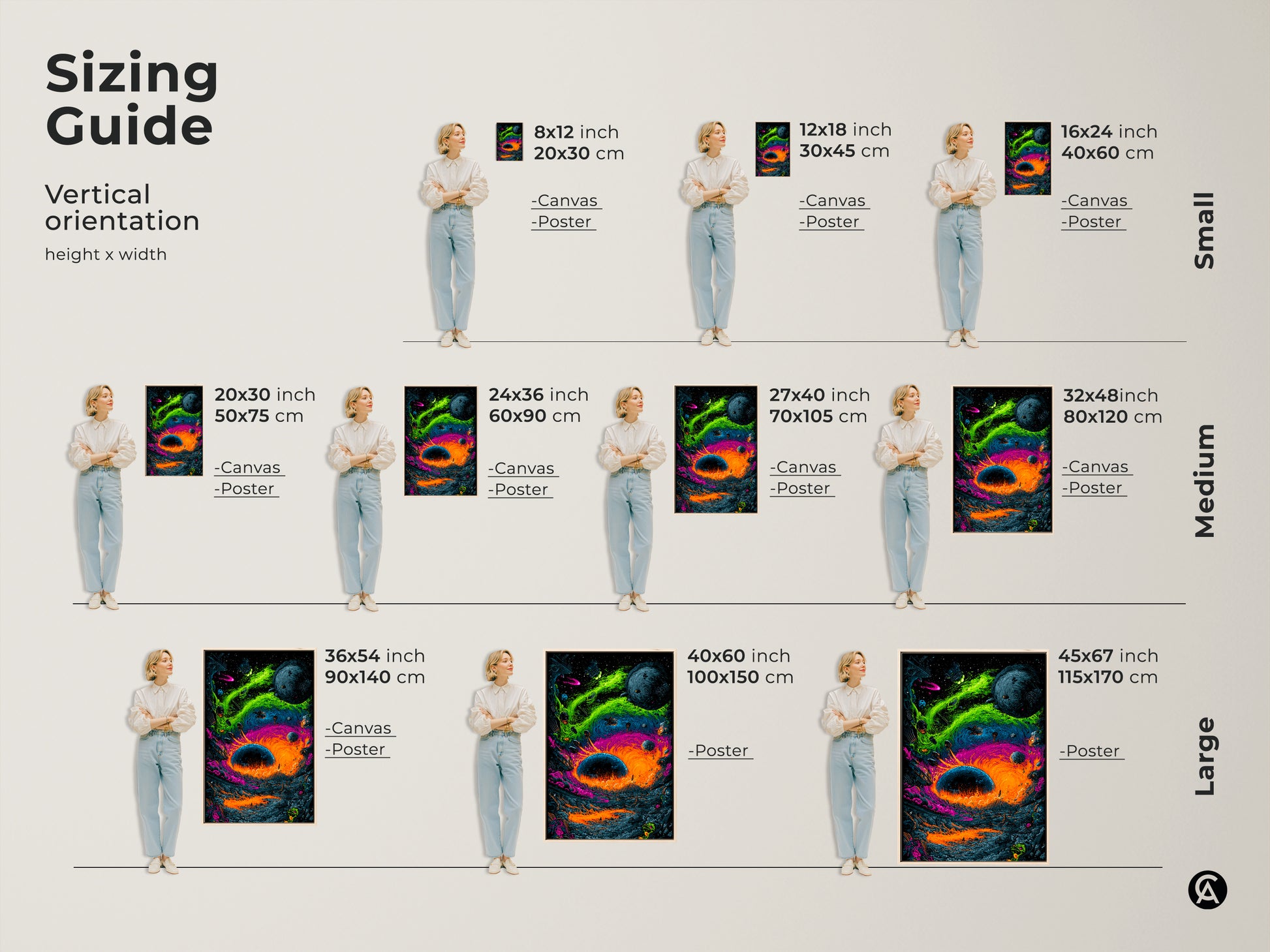 Find the perfect size for your space with this sizing guide. Vertical orientation options include canvas and poster prints. From small to large sizes this artwork fits any room. Visualize how this surreal space scene will look in your home. Available in various dimensions to suit your needs.