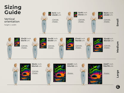 Find the perfect size for your space with this sizing guide. Vertical orientation options include canvas and poster prints. From small to large sizes this artwork fits any room. Visualize how this surreal space scene will look in your home. Available in various dimensions to suit your needs.