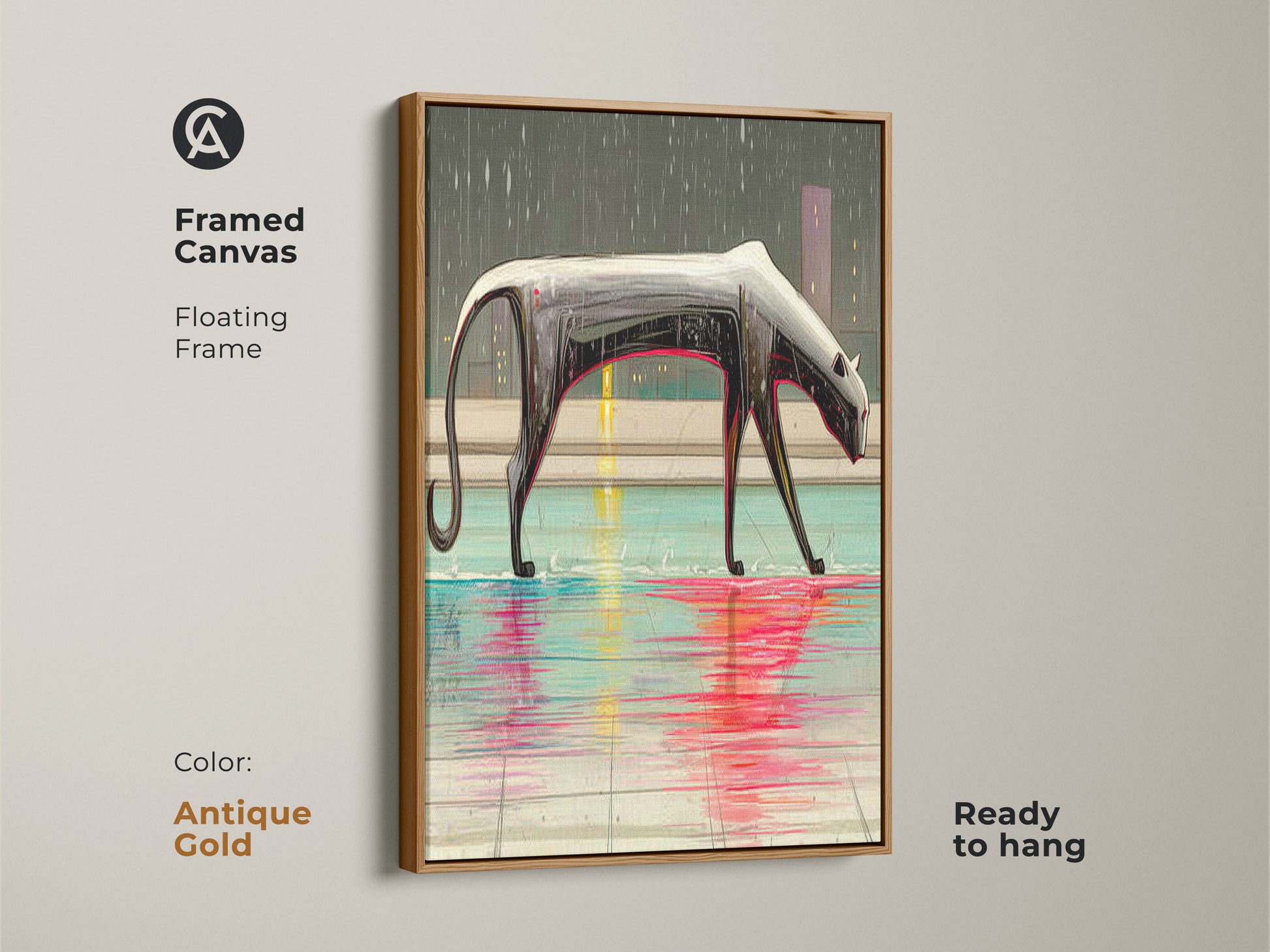 This framed canvas art shows a surreal panther in an antique gold floating frame. The unique animal decor blends abstract and modern styles. Contemporary animal art adds a touch of sophistication to any room. A modern bedroom art piece.
