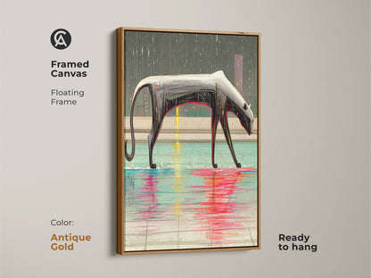 This framed canvas art shows a surreal panther in an antique gold floating frame. The unique animal decor blends abstract and modern styles. Contemporary animal art adds a touch of sophistication to any room. A modern bedroom art piece.