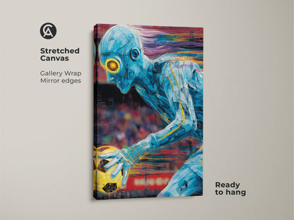 A stretched canvas of futuristic soccer player art. The abstract blue and yellow soccer print features gallery wrapped mirror edges and is ready to hang. Ideal contemporary sports wall art for a game room or as a unique gift.