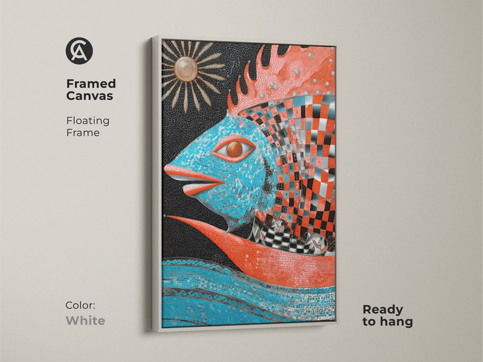 Showcase your artistic style with this white-framed canvas. The vibrant mosaic fish artwork brings life to any room. This ocean-themed canvas is a colorful fantasy art. An ideal home accent piece.