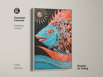 Showcase your artistic style with this white-framed canvas. The vibrant mosaic fish artwork brings life to any room. This ocean-themed canvas is a colorful fantasy art. An ideal home accent piece.