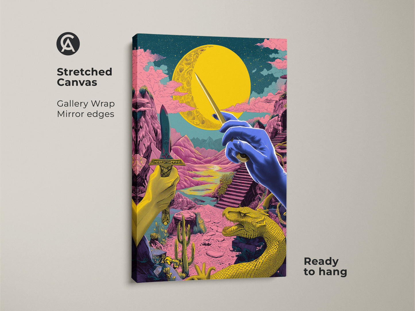 Elevate your space with this surreal fantasy wall art. The yellow pink and blue canvas showcases a dragon and dagger. It's gallery-wrapped for a modern look and is ready to hang. A perfect eclectic home decor print for any fantasy lover.