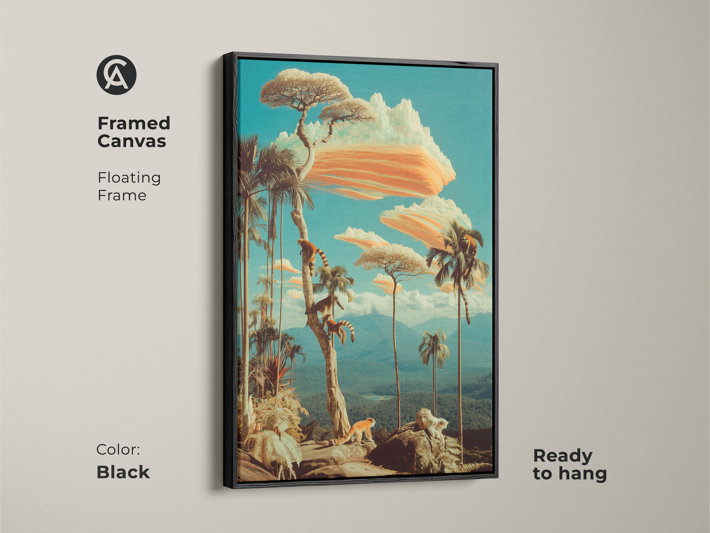 Framed Canvas offers rich detail and a retro aesthetic perfect for eclectic home decor. The Teal and Orange surreal artwork features playful lemurs amongst exotic trees. This statement piece is ready to hang in a black floating frame.