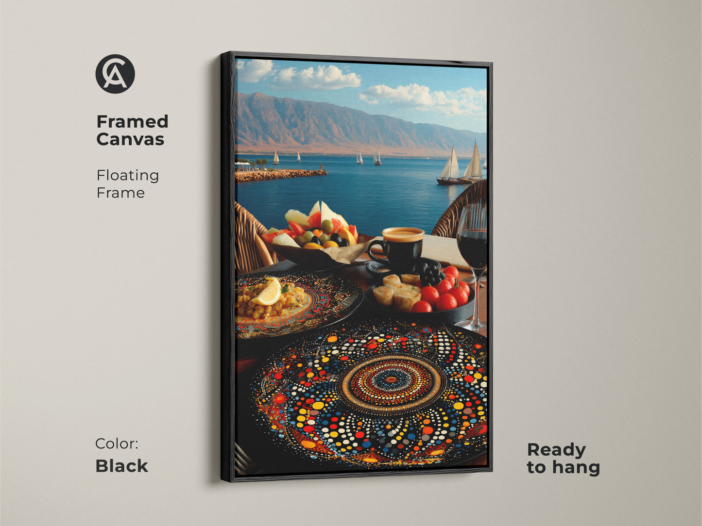 Framed canvas with a floating frame enhances a Mediterranean seascape. Sailboats and fruit platter art create an eclectic atmosphere. A mandala-inspired plate adds color. This folk art is ready to hang that makes any dining room or restaurant vibrant with its colors.