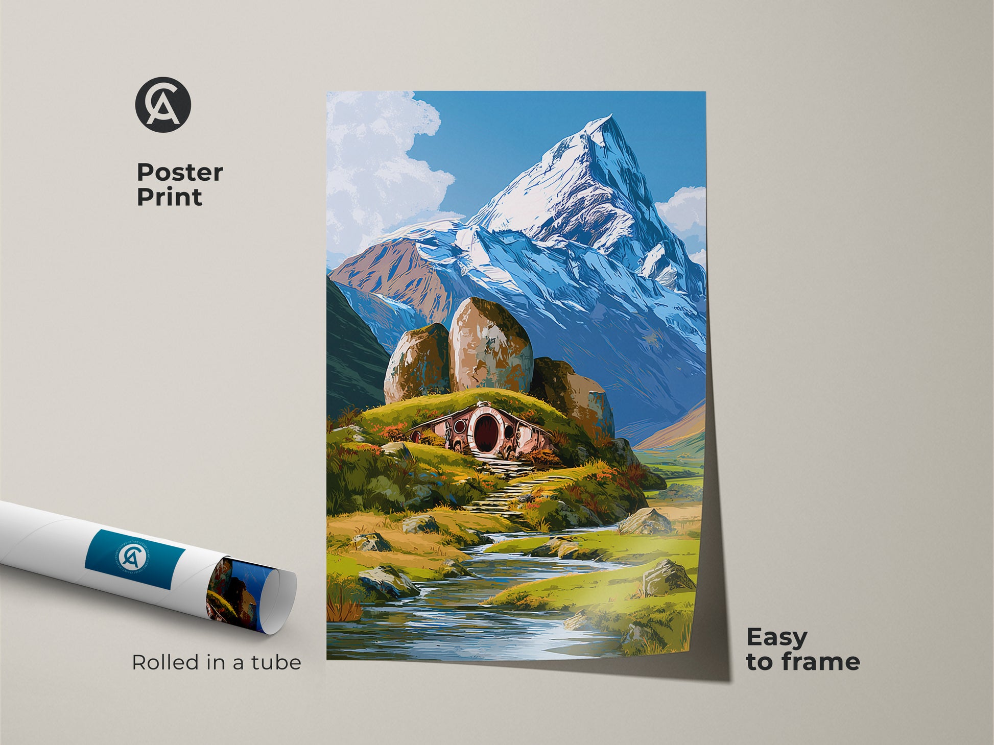 Poster print of a stylized hobbit home art. This fantasy landscape print features a snowy mountain. The blue green white home decor is easy to frame. Great nature lover present for cozy spaces.