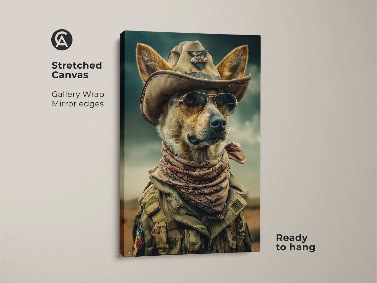 Add a touch of western charm with this stretched canvas print. A dog dons a cowboy hat and bandana in this khaki teal artwork. Ready to hang this eclectic animal art enhances any room. A unique dog lover gift idea featuring a surreal dog pop art style.