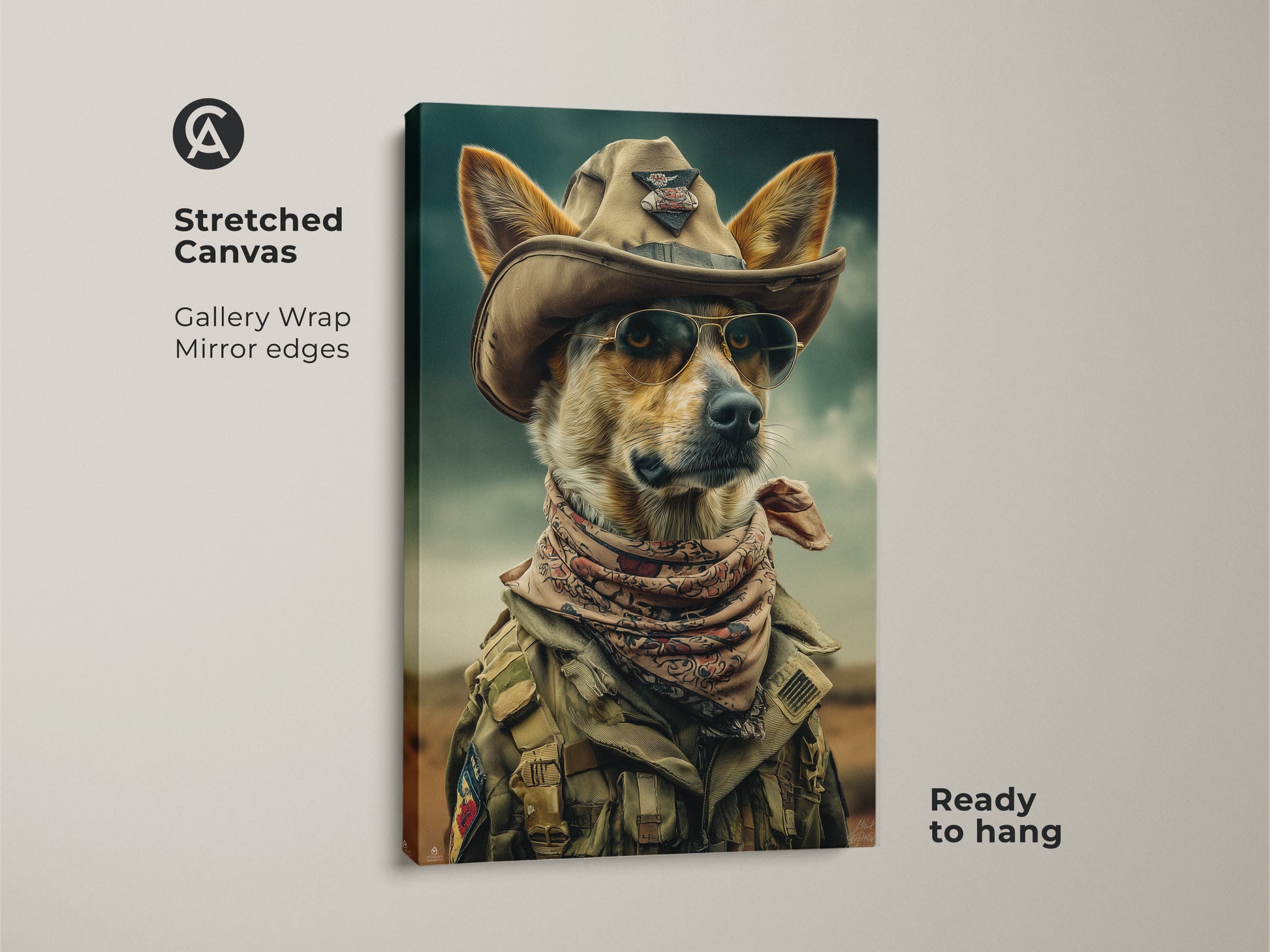 Add a touch of western charm with this stretched canvas print. A dog dons a cowboy hat and bandana in this khaki teal artwork. Ready to hang this eclectic animal art enhances any room. A unique dog lover gift idea featuring a surreal dog pop art style.