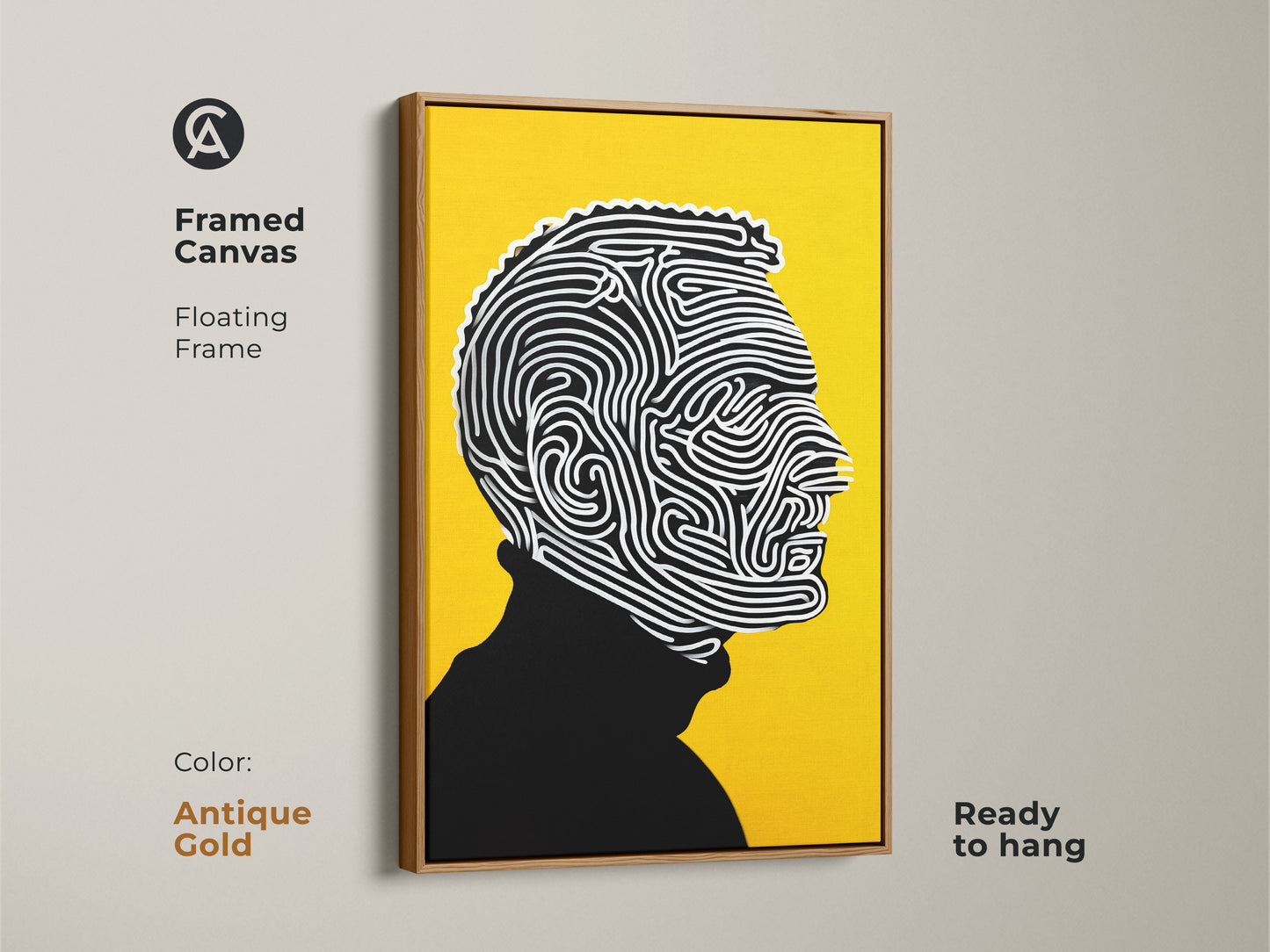Framed canvas art with a floating frame. The artwork features a yellow backdrop. It is contrasted by a black and white line art portrait. The frame has an antique gold finish. This ready-to-hang artwork is perfect for adding a touch of sophistication to any room.