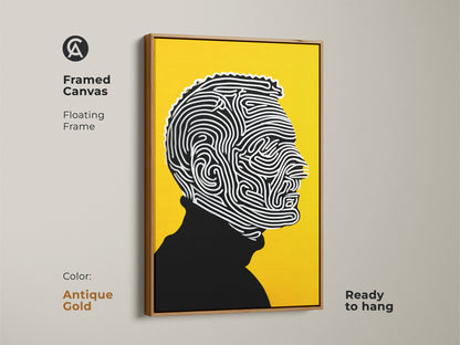 Framed canvas art with a floating frame. The artwork features a yellow backdrop. It is contrasted by a black and white line art portrait. The frame has an antique gold finish. This ready-to-hang artwork is perfect for adding a touch of sophistication to any room.