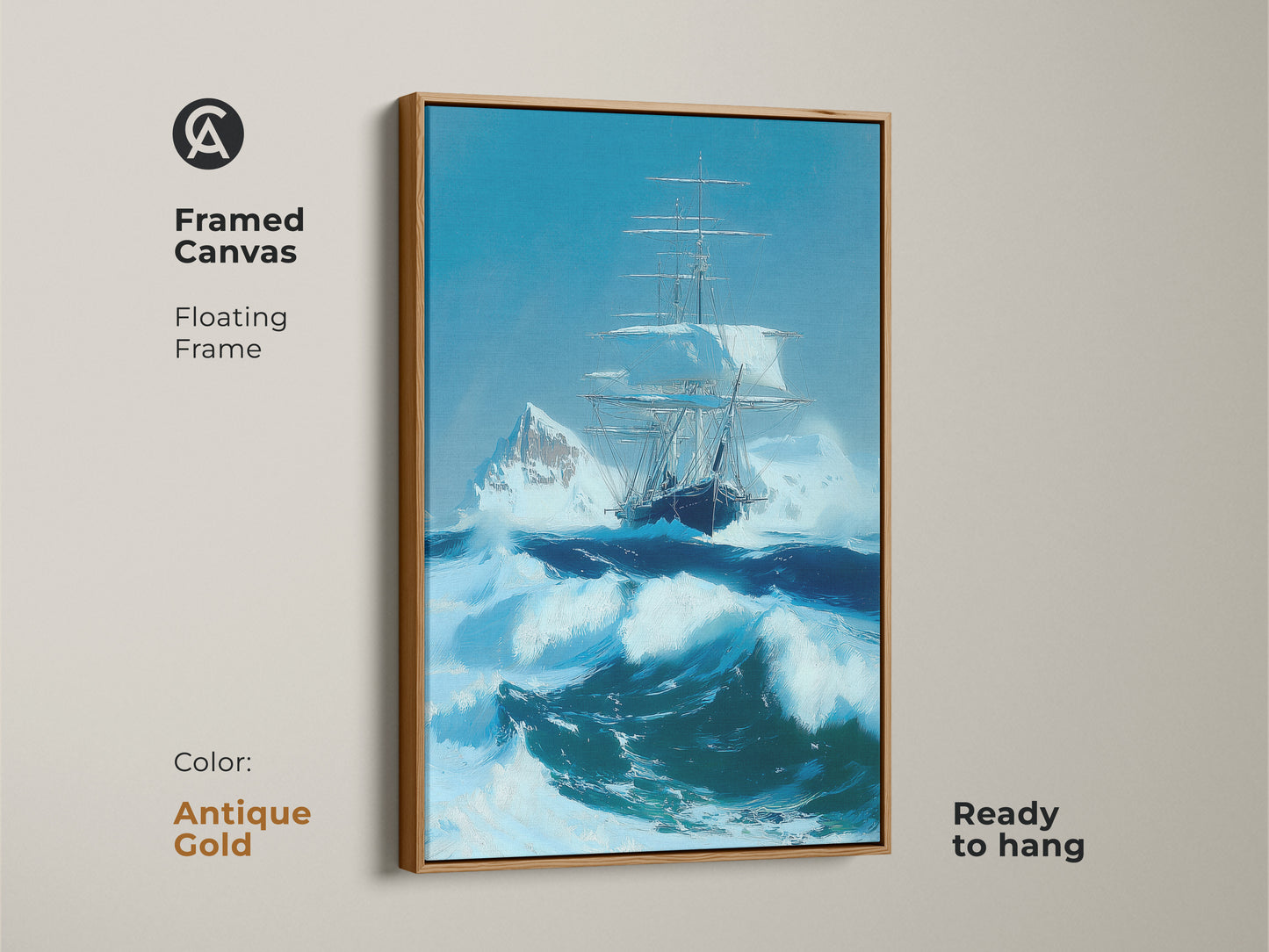This framed nautical canvas presents a tall ship in an ocean storm. The maritime artwork includes an iceberg in a blue seascape. With its antique gold floating frame this artwork adds a classic touch. Ideal wall decor for a study or office. Ready to hang.
