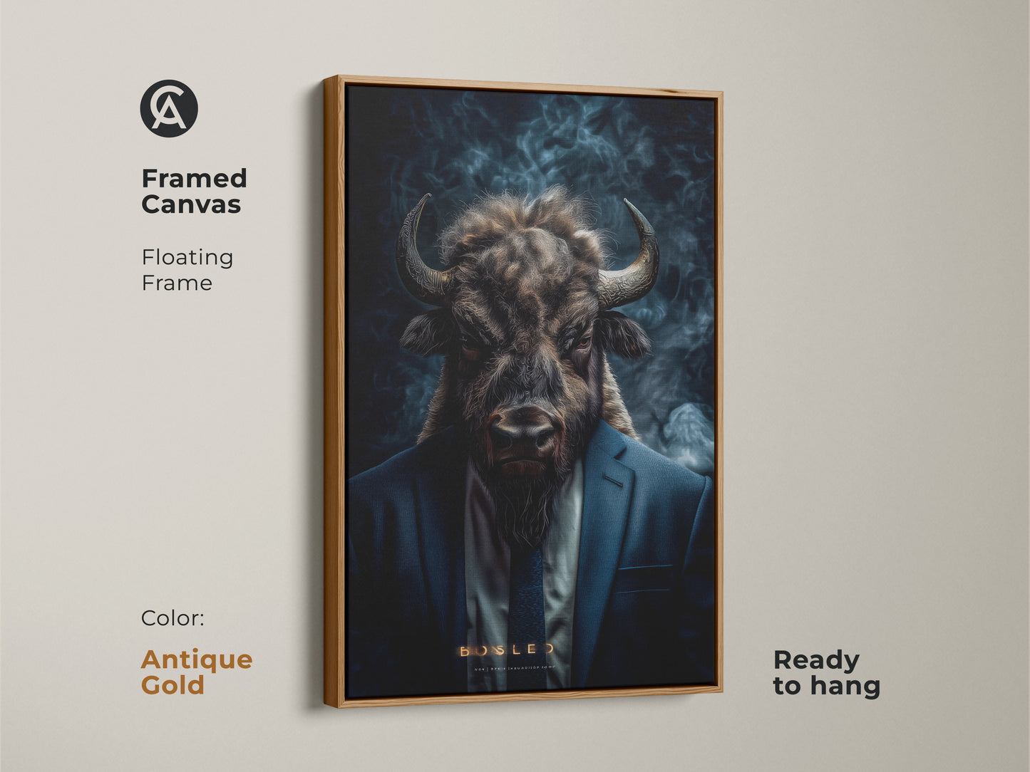 A framed canvas features a buffalo head on a man in a suit. The floating frame is antique gold and ready to hang. This unique artwork adds character to any room.