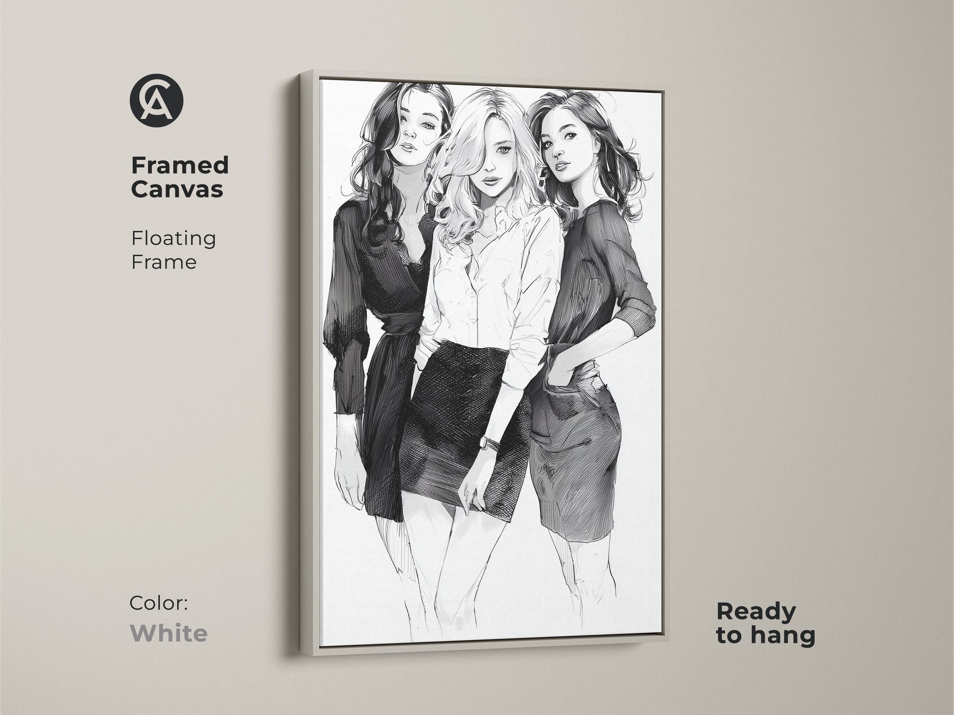 Framed canvas art with a white floating frame displaying a sketch of three women. This monochrome art print is a perfect model sketch decor. It's a contemporary artwork for fashion enthusiasts.