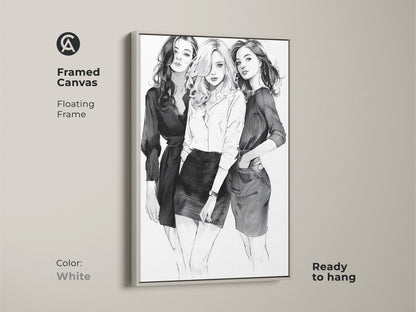 Framed canvas art with a white floating frame displaying a sketch of three women. This monochrome art print is a perfect model sketch decor. It's a contemporary artwork for fashion enthusiasts.