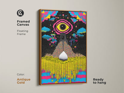 Framed canvas of the abstract cosmic eye in antique gold. This art piece features a yellow blue pink color palette. This psychedelic wall art enhances your art collection and is ready for display.