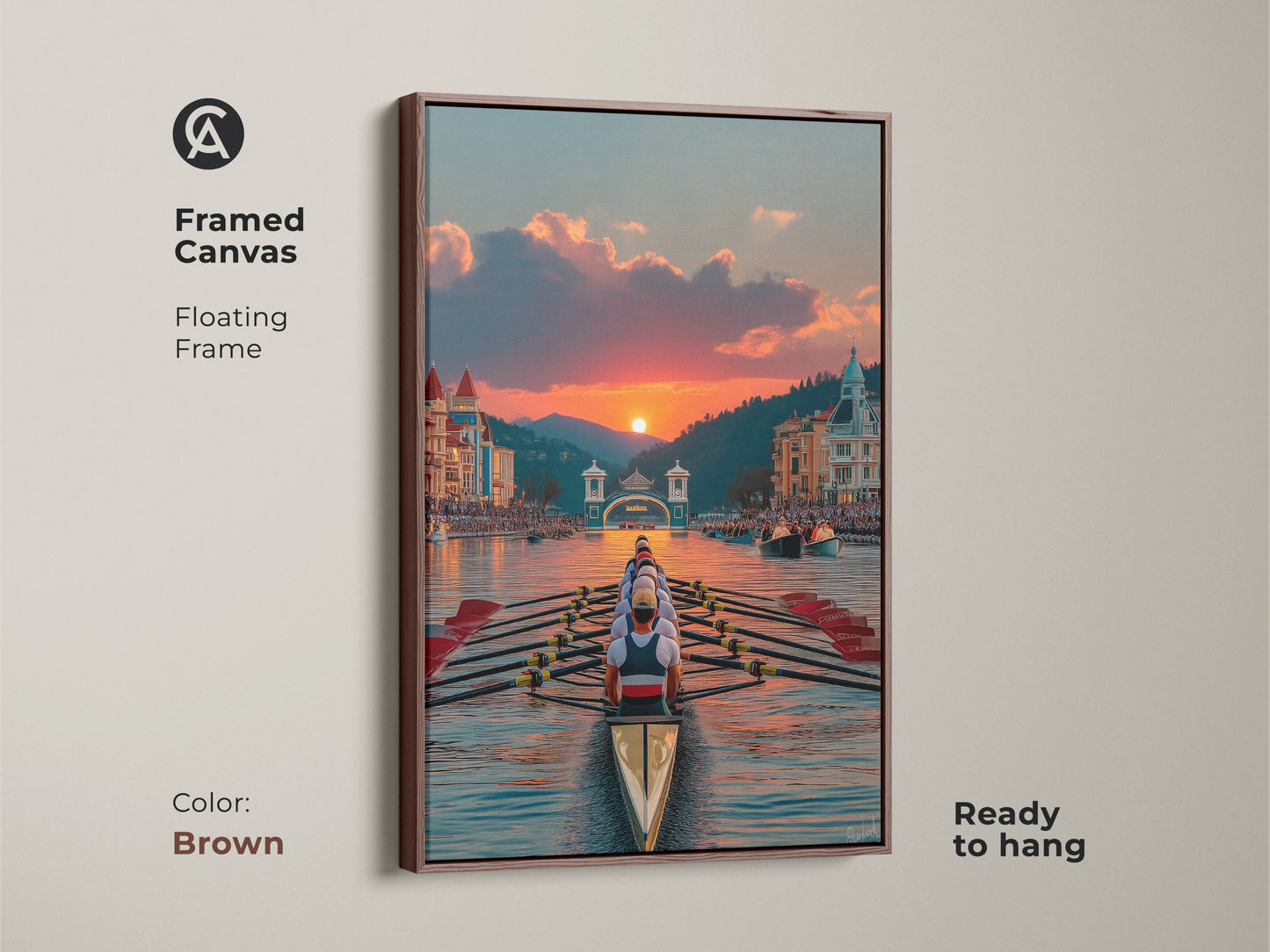 Brown Framed Canvas of Rowing Team at Sunset. The floating frame complements the coastal rowing artwork. It is ready to hang. Nautical themed print perfect for rowing club art. It adds a scenic water sport art vibe.