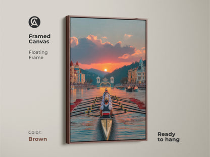 Brown Framed Canvas of Rowing Team at Sunset. The floating frame complements the coastal rowing artwork. It is ready to hang. Nautical themed print perfect for rowing club art. It adds a scenic water sport art vibe.