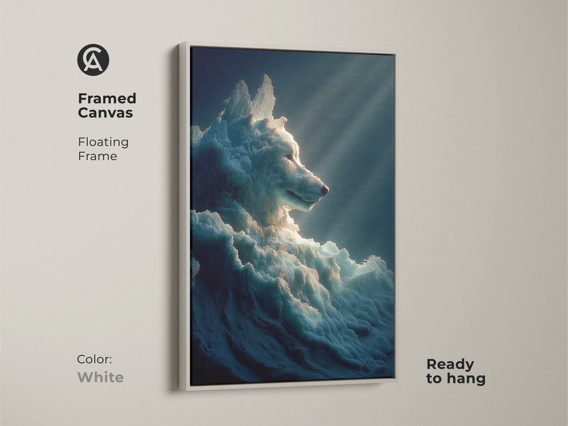 A framed canvas featuring surreal ice wolf art. The floating frame is white in color. This fantasy animal print is ready to hang. The artwork is a great gift for animal lovers. This artwork will brighten any room.
