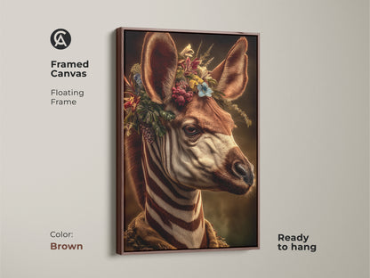 Framed canvas of a zebra wearing a floral headpiece. The brown floating frame enhances the earthy tones of this gothic animal portrait. This dark academia wall art is ready to hang. A unique piece for eclectic bedroom decor. Great as a unique housewarming gift.