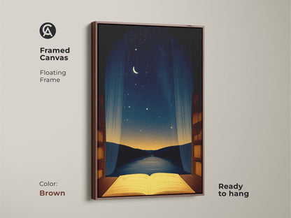 Brown framed canvas featuring a dreamlike open book beneath a starry sky. Perfect for eclectic home decor this moon and stars wall art adds a literary touch. A unique wall hanging for a reading nook. This artwork is ready to hang.