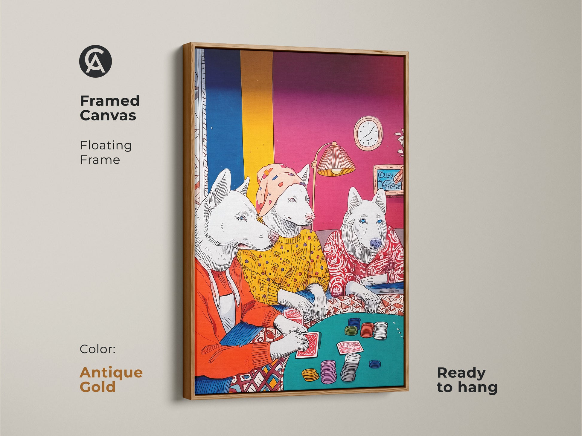 This framed canvas shows huskies playing poker. An antique gold floating frame adds elegance to the artwork ready to hang. It is a great animal art piece to give your game room a unique look.