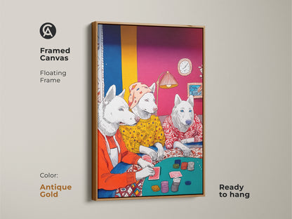 This framed canvas shows huskies playing poker. An antique gold floating frame adds elegance to the artwork ready to hang. It is a great animal art piece to give your game room a unique look.