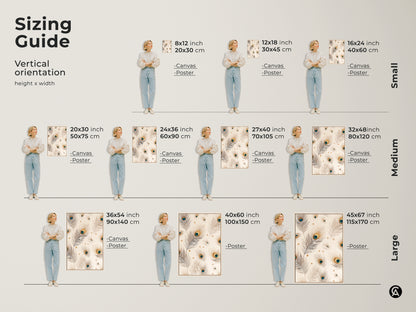 Sizing guide featuring vertical orientation. The guide shows height and width examples. Artwork of peacock feathers in various sizes. Canvas and poster options available for purchase.