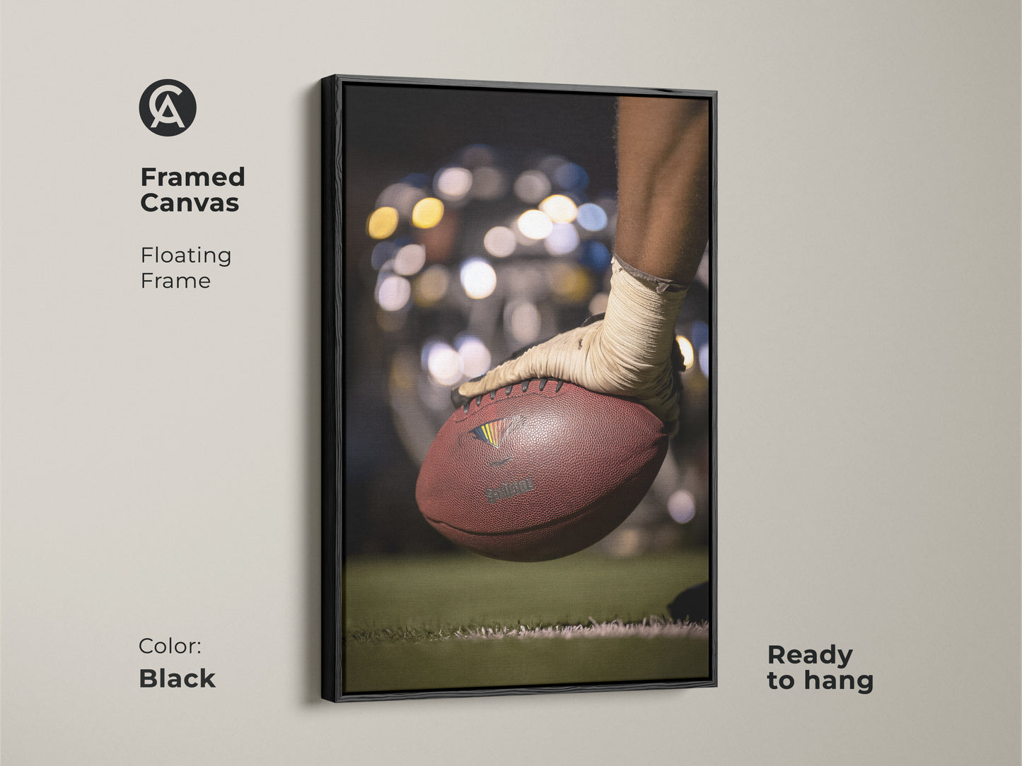 This framed canvas features a football action shot. The floating frame adds a touch of sophistication to this piece. The black frame enhances its contemporary style. It is ready to hang for instant sports decor. This artwork is a great addition to any sports-themed space.