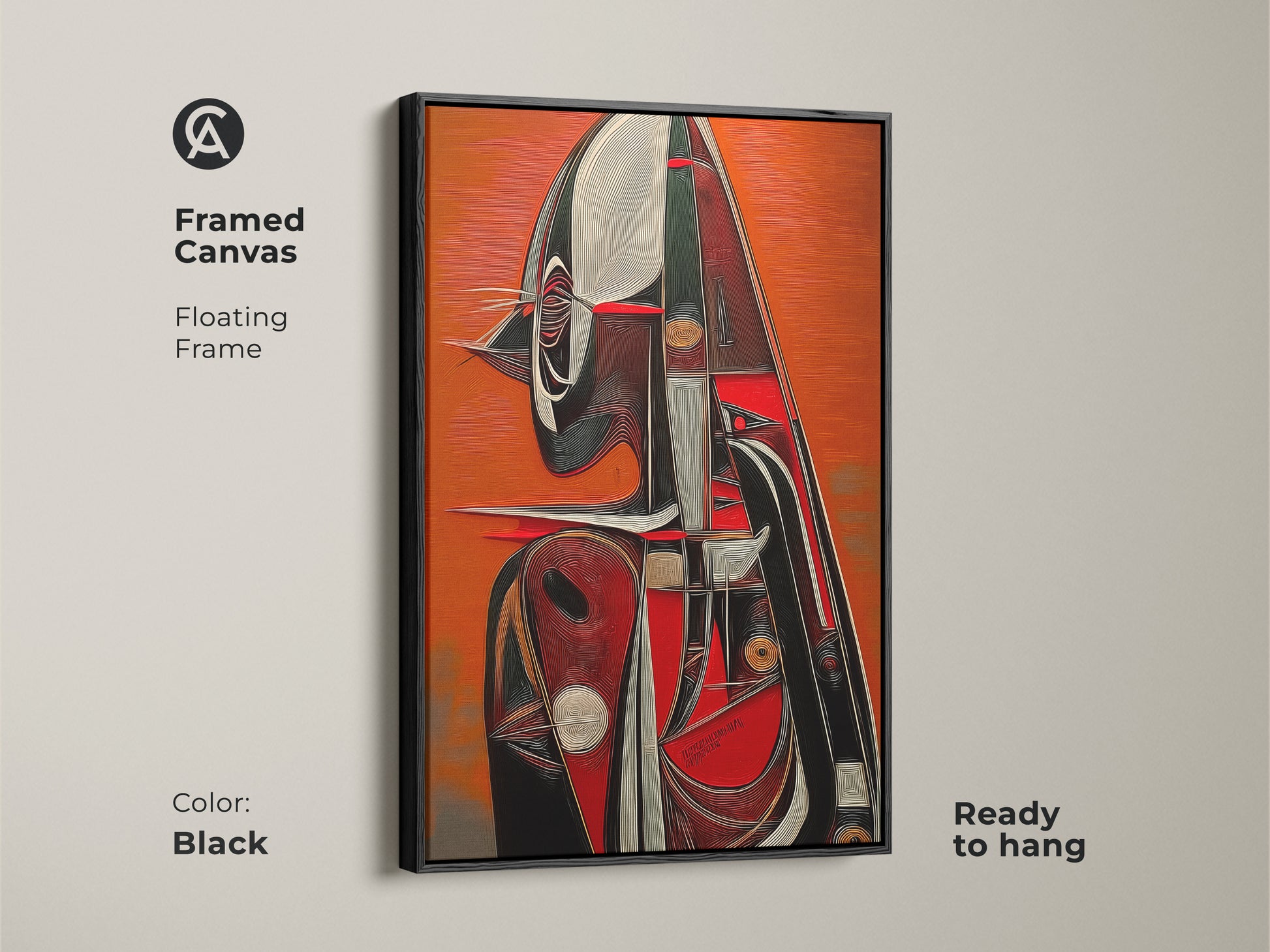 Black framed canvas featuring abstract expressionism. The tangerine red contrasts against the modern black floating frame. Ready to hang geometric figure art print. Shop now for unique eclectic decor.