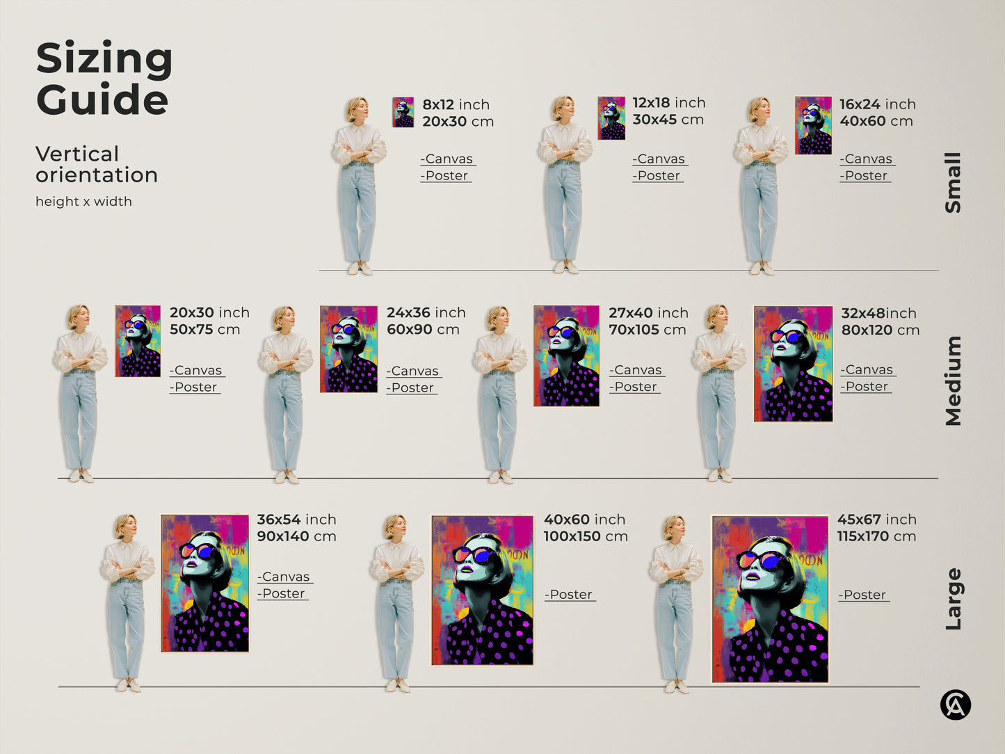 Sizing guide for the vertical Pop Art woman artwork. Available as canvas or poster in sizes from small to large. Find the perfect fit for your space with this colorful abstract art.