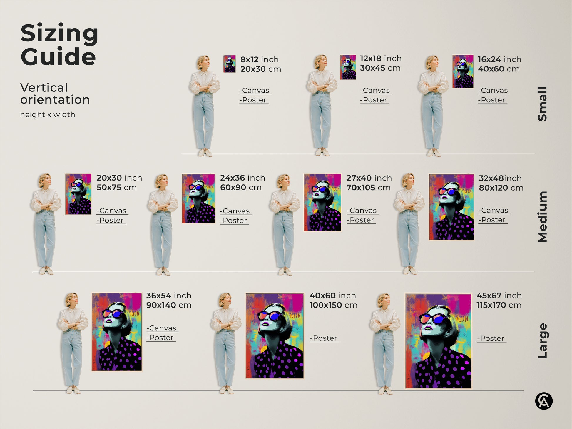 Sizing guide for the vertical Pop Art woman artwork. Available as canvas or poster in sizes from small to large. Find the perfect fit for your space with this colorful abstract art.