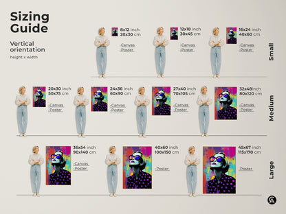 Sizing guide for the vertical Pop Art woman artwork. Available as canvas or poster in sizes from small to large. Find the perfect fit for your space with this colorful abstract art.