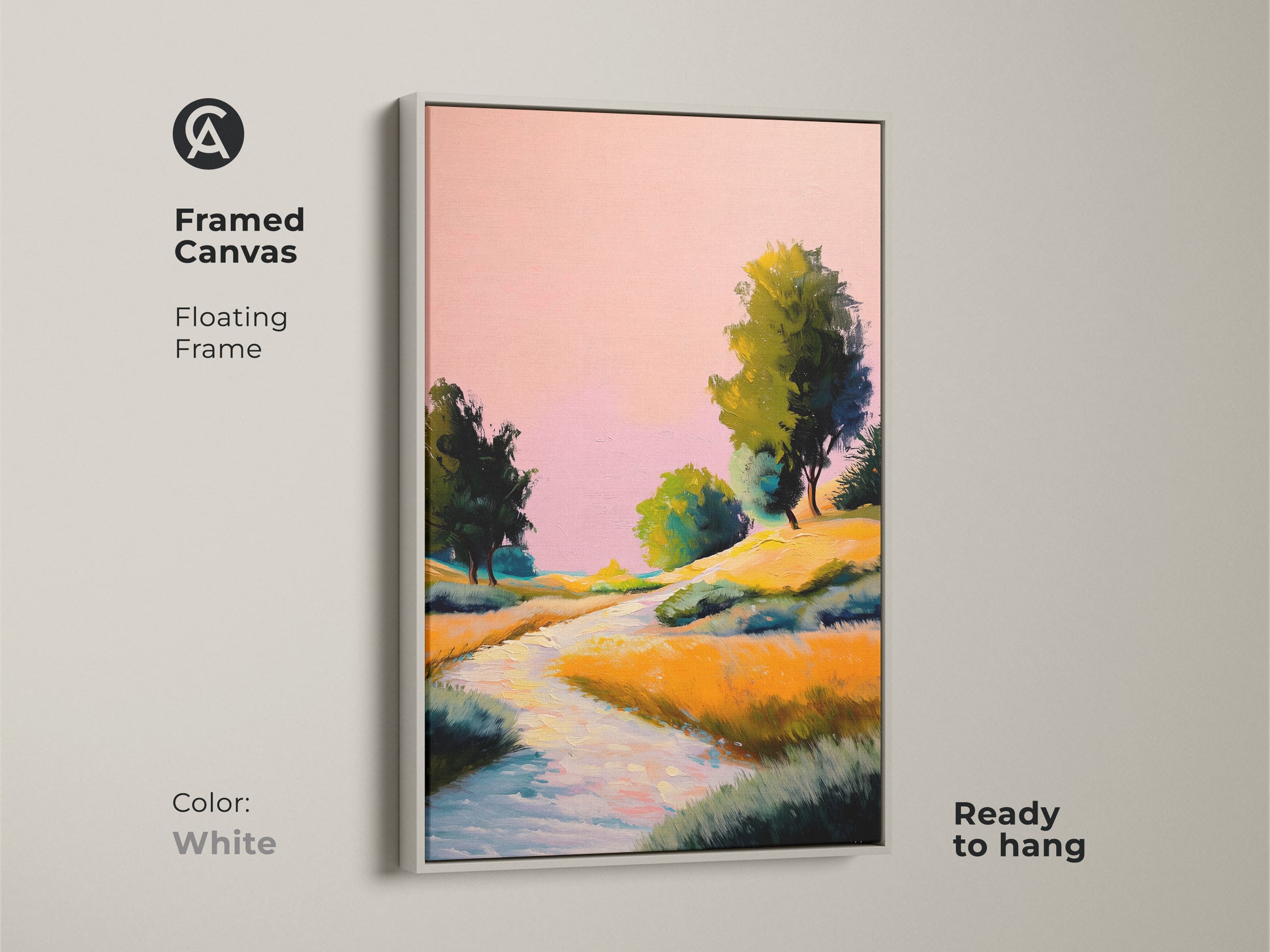 White framed canvas displaying a scenic river painting. The boho river trees print and expressive nature artwork is ready to hang. Add artistic nature to your bohemian home decor art.