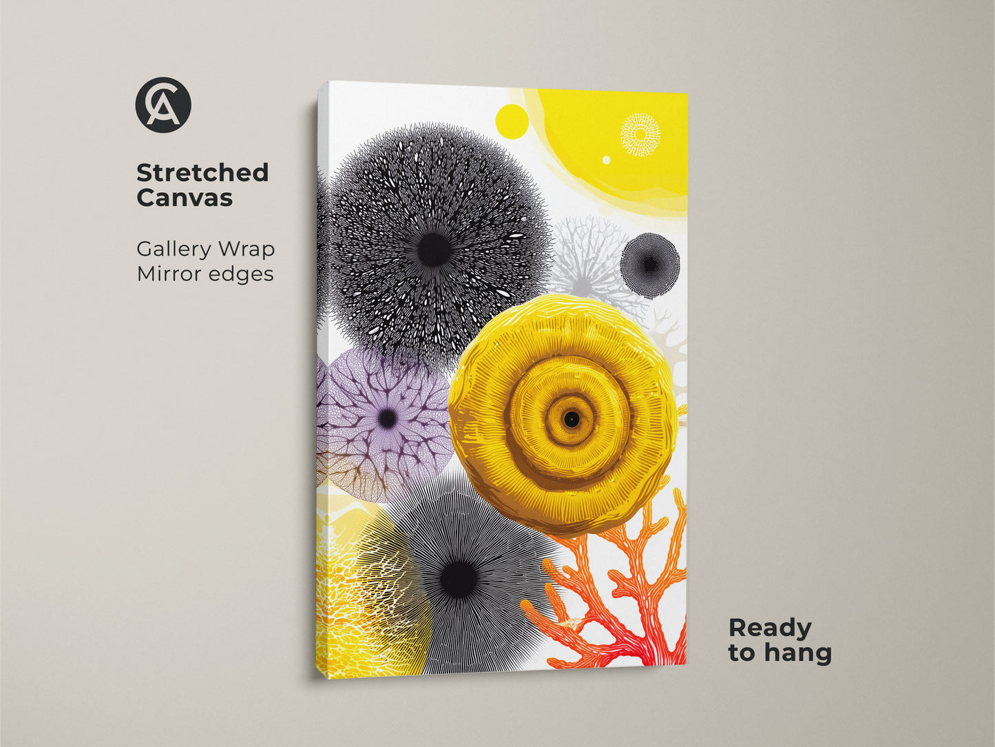 A stretched canvas featuring abstract coral wall art. The yellow botanical print showcases organic shapes. This modern coastal decor brings a vibrant touch. It's ready to hang.