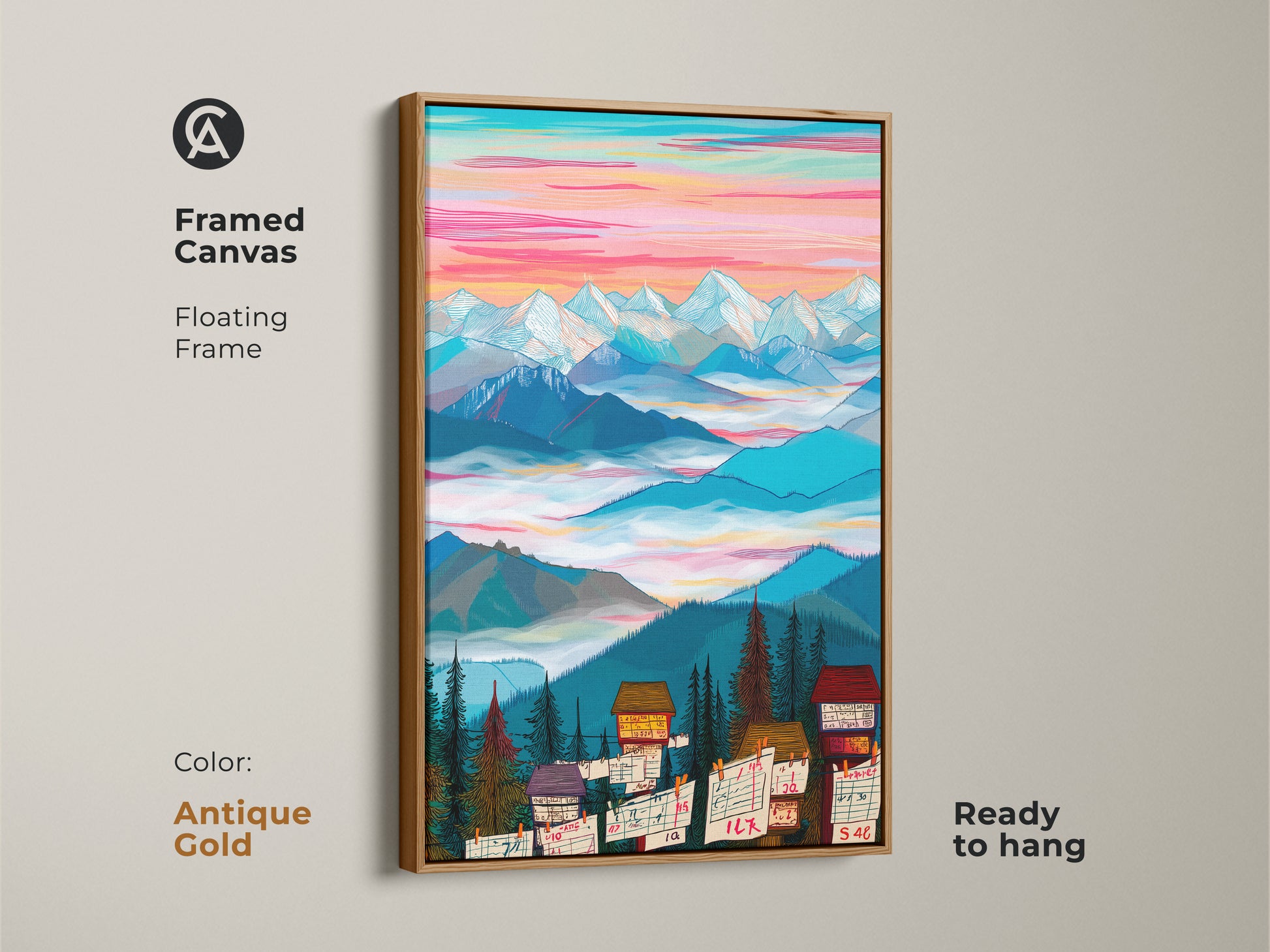Framed canvas art print featuring a mountain cabin scene with an antique gold floating frame. This modern folk art piece is ready to hang. Its colorful sky and detailed landscape enhance any space.