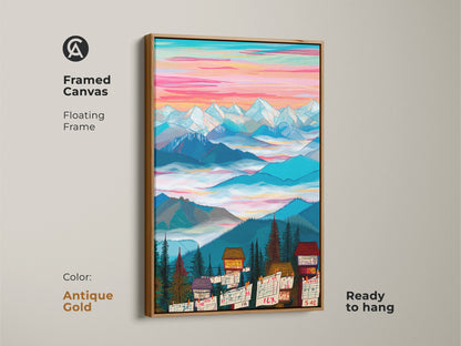 Framed canvas art print featuring a mountain cabin scene with an antique gold floating frame. This modern folk art piece is ready to hang. Its colorful sky and detailed landscape enhance any space.