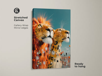 Stretched canvas featuring a lion and leopard art print. Gallery wrapped with mirrored edges. This gold and teal animal wall art is ready to hang. It is perfect for eclectic and bohemian home decor.