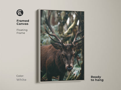 A framed canvas showcases a deer in its forest home. This wildlife photography print is ready to hang. The white frame offers a clean modern look. This nature-inspired artwork suits any room. It is perfect as rustic bedroom decor. The antler wall hanging adds charm.